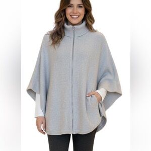J Jill Women's Size XL-3X Light Gray Knit Poncho Full Zip Mock Neck Round Hem
